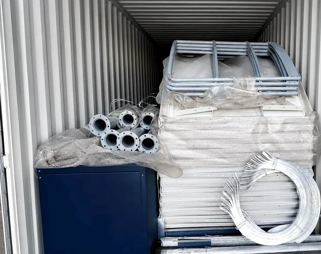 Cement silo components packed inside a shipping container